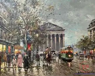 Original Oil on Canvas Street Scene by ANTOINE BLANCHARD in Gold Gilt Frame