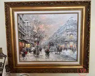 Original Oil on Canvas "Paris Le Vaudeville" by ANTOINE BLANCHARD in Gold Gilt Frame
