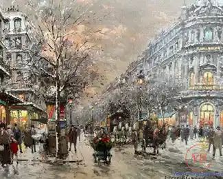 Original Oil on Canvas "Paris Le Vaudeville" by ANTOINE BLANCHARD in Gold Gilt Frame