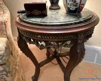 Carved Side Table with Marble Top