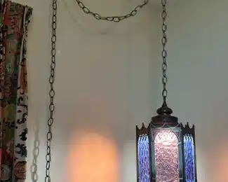 Hexagon Celtic Knot Design Swag Lamp with Pendant Brass and Hammered Glass