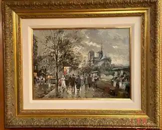 Original Oil on Canvas Street Scene by ANTOINE BLANCHARD in Gold Gilt Frame