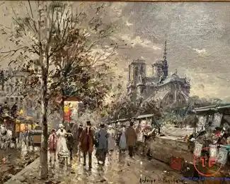 Original Oil on Canvas Street Scene by ANTOINE BLANCHARD in Gold Gilt Frame