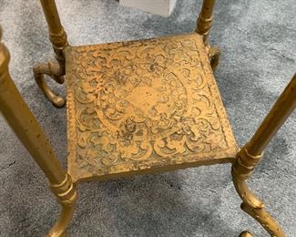English Antique Pierced Metal Plant Stand, an Brass Ornate Victorian Two Tiered Jardiniere Table with Floral Theme and Foliage Decor, 1900s.