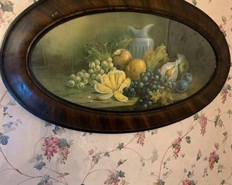 Antique Victorian Pastel Painting Still Life Fruit Oval Framed Realism