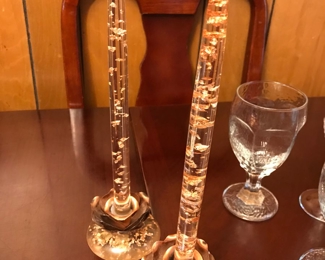 Mid Century Modern copper and Lucite candlesticks with Lucite faux candles filled with copper flakes, a rare and unusual display set! These go very well with the MCM hammered copper basket, also available.