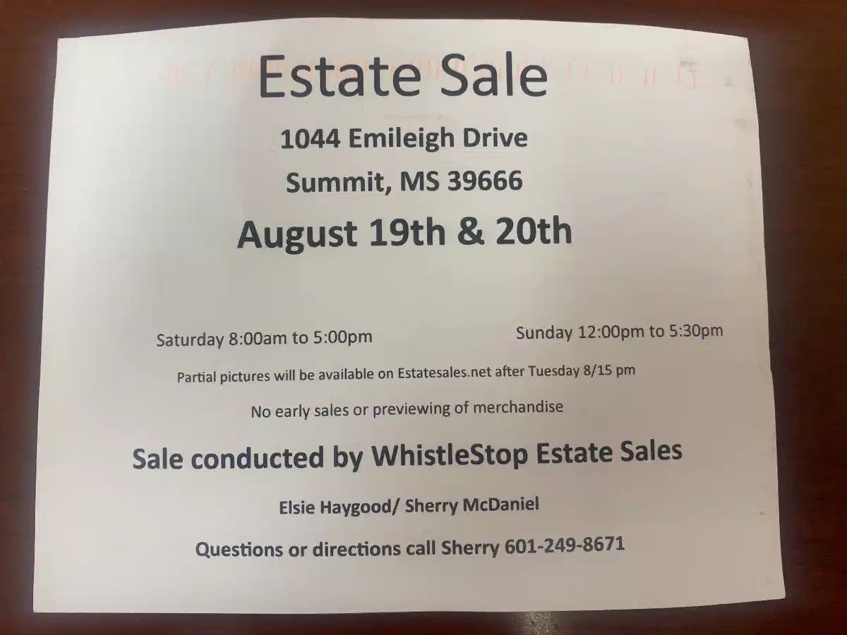 WhistleStop Estate Sales in Summit, MS starts on 8/19/2023