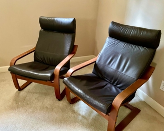 Pair of Ikea Black Leather Poang Lounge Chairs