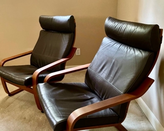 Pair of Ikea Black Leather Poang Lounge Chairs