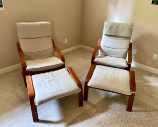 Pair of Ikea Poang Lounge Chairs & Ottomans with White Cushions
