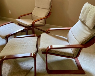 Pair of Ikea Poang Lounge Chairs & Ottomans with White Cushions
