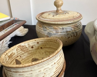 Two Cream/Brown Pottery Bowls, Multicolor/Cream Pottery Sugar Bowl
