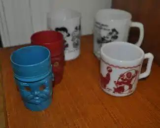 Captain Kangaroo, circus, Mickey and Peanuts mugs 