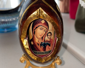 Russian Wooden Icon Egg Madonna w/ Child