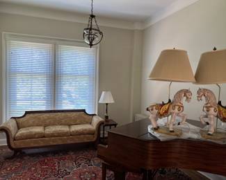 Vintage Horse Lamps, Antique Couch and Antique Oriental Rug