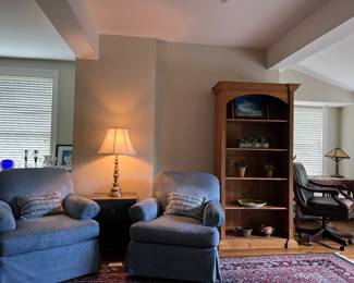 Blue Herringbone pattern, swivel stuffed chairs, leather office chair, pine book shelf