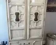 wthis is an antique farmhouse white washed wood armoire circa 1962 can be used for a bar as a closet or to hold a small tv6951 t