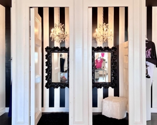 Solid wood 2 person dressing room, light fixtures, rugs, ottoman and mirrors