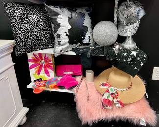 Accent throw pillows, rug, hats, clothing, shoes, and accessories