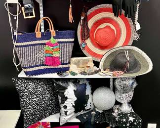 Accent throw pillows, rug, hats, clothing, shoes, and accessories