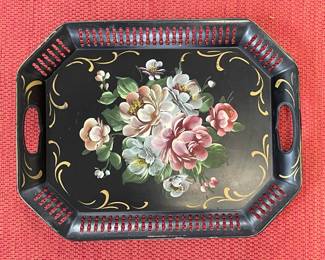 Vintage Hand Painted Toleware Metal Serving Tray