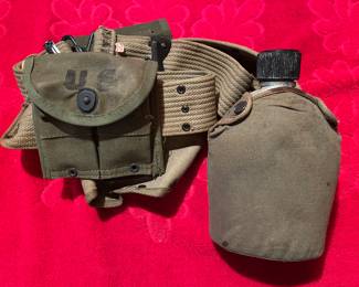 Vintage Military Duty Belt w/ 3 Pouches and Canteen Attached