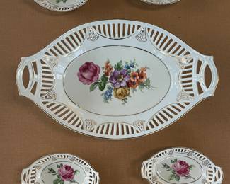 Vintage Hand Painted German Reticulated Serving Bowl w/ 4 Matching Dessert/Berry Dishes