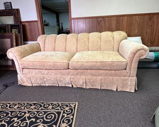 Hickory Chair Company champagne color cut velvet damask skirted sofa with a channel back, coil spring construction, minor wear, overall very nice condition, poly/down fill, 7'L x 36"D