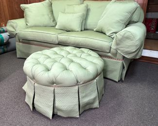 Custom matelasse upholstered mint green sofa 7'W x 36"D and matching 28"W ottoman, down pillows, small spot seen, minor wear overall