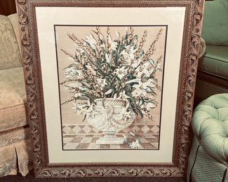 Large S.L. Jackson signed and numbered print (1207/1950) of large floral arrangement in planter, wood frame 42" x 36"