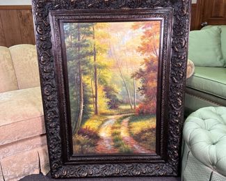 Tall ornately framed forest landscape painting on canvas, unsigned 48"H x 36"W