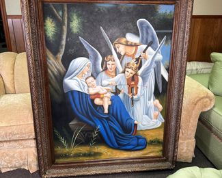 Tall spiritual painting on canvas of Mary and Jesus being comforted by angels, unsigned, minor wear to frame 5'5"H x 3'10"W