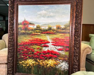 Very tall and wide landscape painting of a flowering field with cottages on canvas 5'6"H x 4'2"W