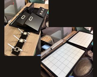 Office wall organization system with slat rail design for easy organization of hooks, letter sorters (12"W each) and white boards (16"H and 22"W each), some wear