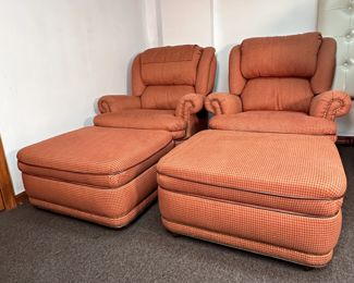 Pair of Hancock & Moore blended cotton felt armchairs with matching ottomans on casters, chair 32"H x 34"W x 33"D, minor wear