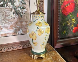 Wildwood Lamps yellow orchid ceramic vase lamp with brass cover and base, no harp or shade 22"H