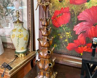 Castilian Imports ceramic tiered floral display/planter with gilt birds 46"H x 6"W