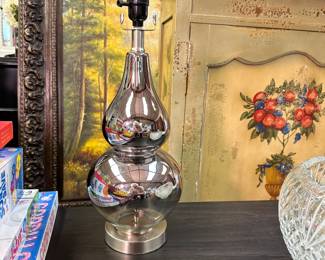 Silvered glass table lamp, clear at bottom and graduated to opaque silver, no harp or shade, 20"H