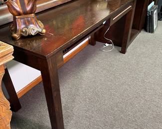 Sturdy wooden worktable/desk, drawer on left is missing front and slides out easily (could be removed or repaired), some scratches overall 29"H x 60"W x 24"D