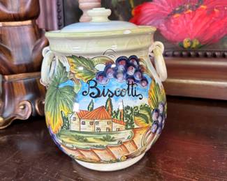 Hand-painted Italian Biscotti canister, minor chip to rim 8"H x 7"W