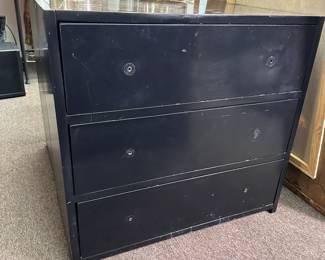 Pair of sturdy black lacquered 3-drawer chests (no knobs) finish shows some wear and scratches, drawers open smoothly 32"H x 32"W x 18"D