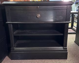 Distressed black side table with drawer and pull-out shelf, a few scratches and marks, overall good condition 30"H x 30"W x 18"D