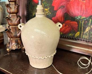 Pottery lamp with handles and ruffled applique, distressed tan finish, no harp or shade 20"H