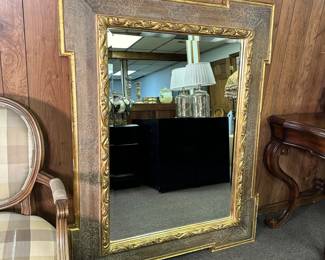 Very large (and heavy) Dauphine Harrison & Gil beveled mirror with carved solid mahogany & gold leaf frame 58"H x 46"W