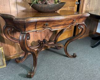 Hickory Chair Company country French entry table with drawer, tapered body on cabriole legs and x-form stretchers, some wear inside drawer and some scratches 30"H x 48"W x 24"D