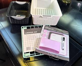 Group of small/medium plastic organizing bins and locker kit