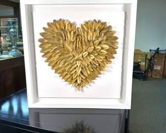 RH Teen Feather Gold Heart Art ($795 retail on company website), hand-painted feathers on acid free paper in wooden shadow box under plexiglass 25" square