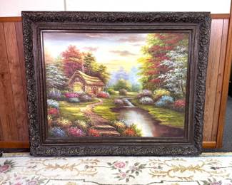 Landscape painting on canvas of cottage with colorful gardens, trees and stream, solid wood frame 48"H x 60"W