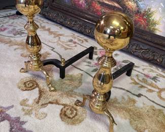 Brass andirons with cabriole leg and long cast iron support in back, mild wear 20"H x 16"D