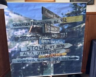 Directional sign post photographic print on canvas-like fabric with tubular aluminum top & bottom frame, some wear 48" x 48"